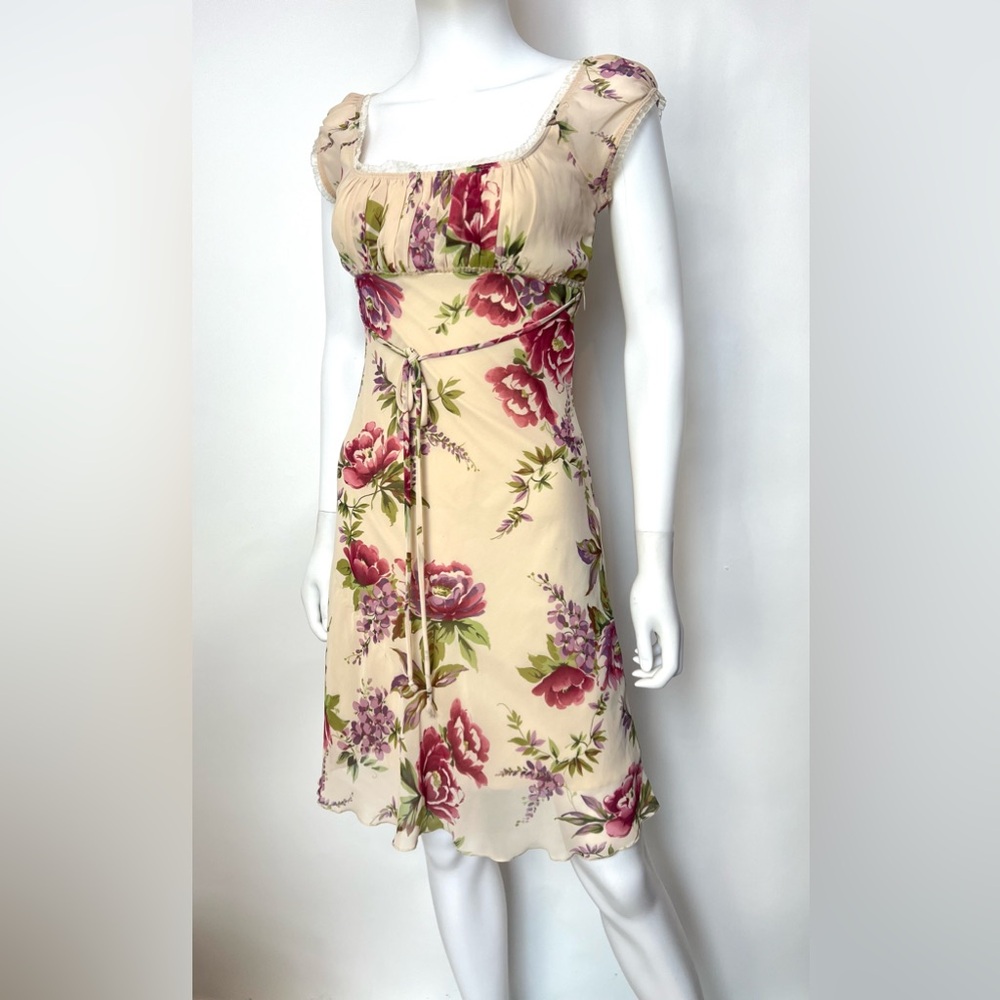 Y2K Romantic Floral Chiffon Dress with Ruched Empire Bodice & Lace Trim‎ Size 3